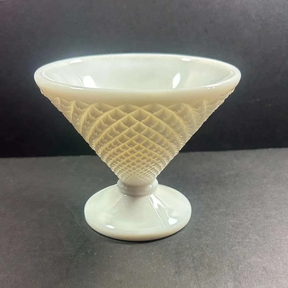 Milk Glass Sherbet Cup White Diamond Point Footed Dessert Bowl Vintage 4.5in